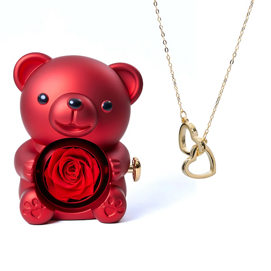 Eternal Rose Bear W/ Engraved Heart Necklace